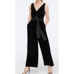 J Crew Black V Neck Wide Leg Velvet One Pc Jumpsuit With Pockets Sash Belt 0 XS